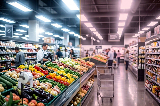 Person wearing FL41 glasses in a bright supermarket