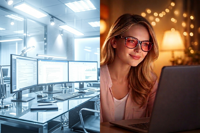 Person wearing FL41 glasses while working on a computer