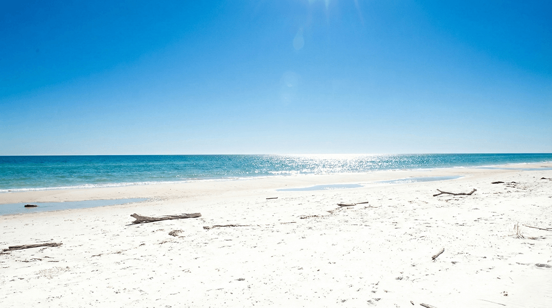 Beach day scene, bright daylight, ocean view with sun glare reflecting on water and sand.