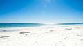 Beach day scene, bright daylight, ocean view with sun glare reflecting on water and sand.