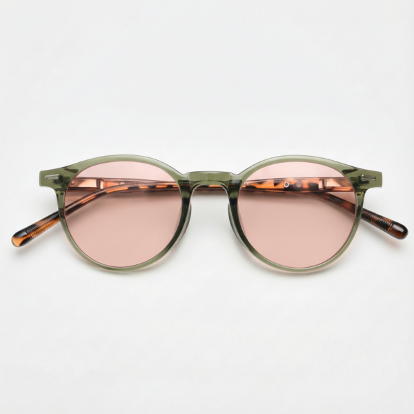 Ida FL-41 Rose Tinted Lens Glasses - Green Round TR90 Frame image 3