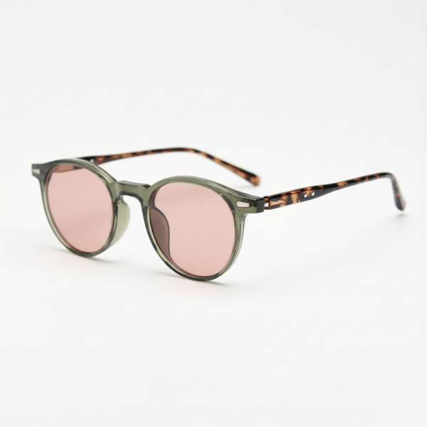 Ida FL-41 Rose Tinted Lens Glasses - Green Round TR90 Frame image 1