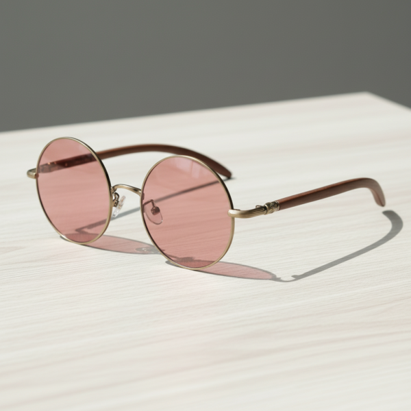FL41 Rose Tinted Lens Glasses - Gold Round Metal Frame 2