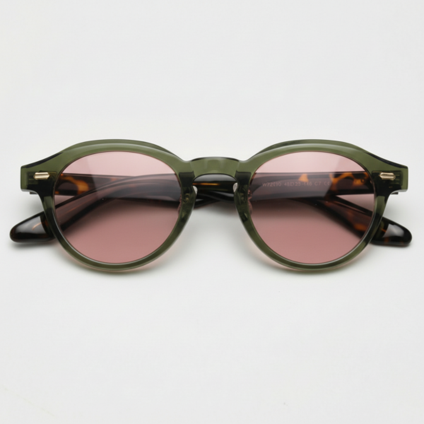 FL41 Rose Tinted Lens Glasses - Olive Green Round TR90 Frame 3
