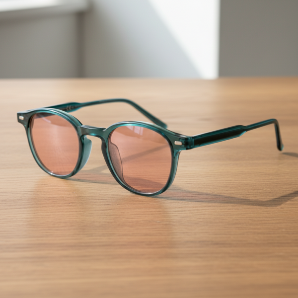 FL41 Rose Tinted Lens Glasses - Green Round TR90 Frame - Wider Bridge 2 FL41 Rose Tinted Lens Glasses - Green Round TR90 Frame - Wider Bridge 2